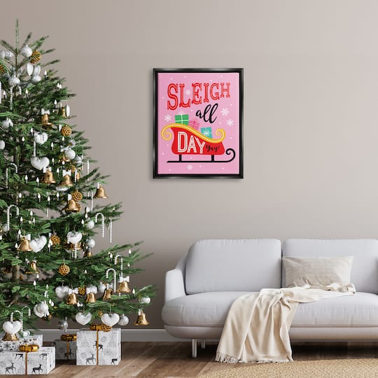Stupell Industries Sleigh All Day Bold Gift Sled Framed Floater Canvas Wall Art